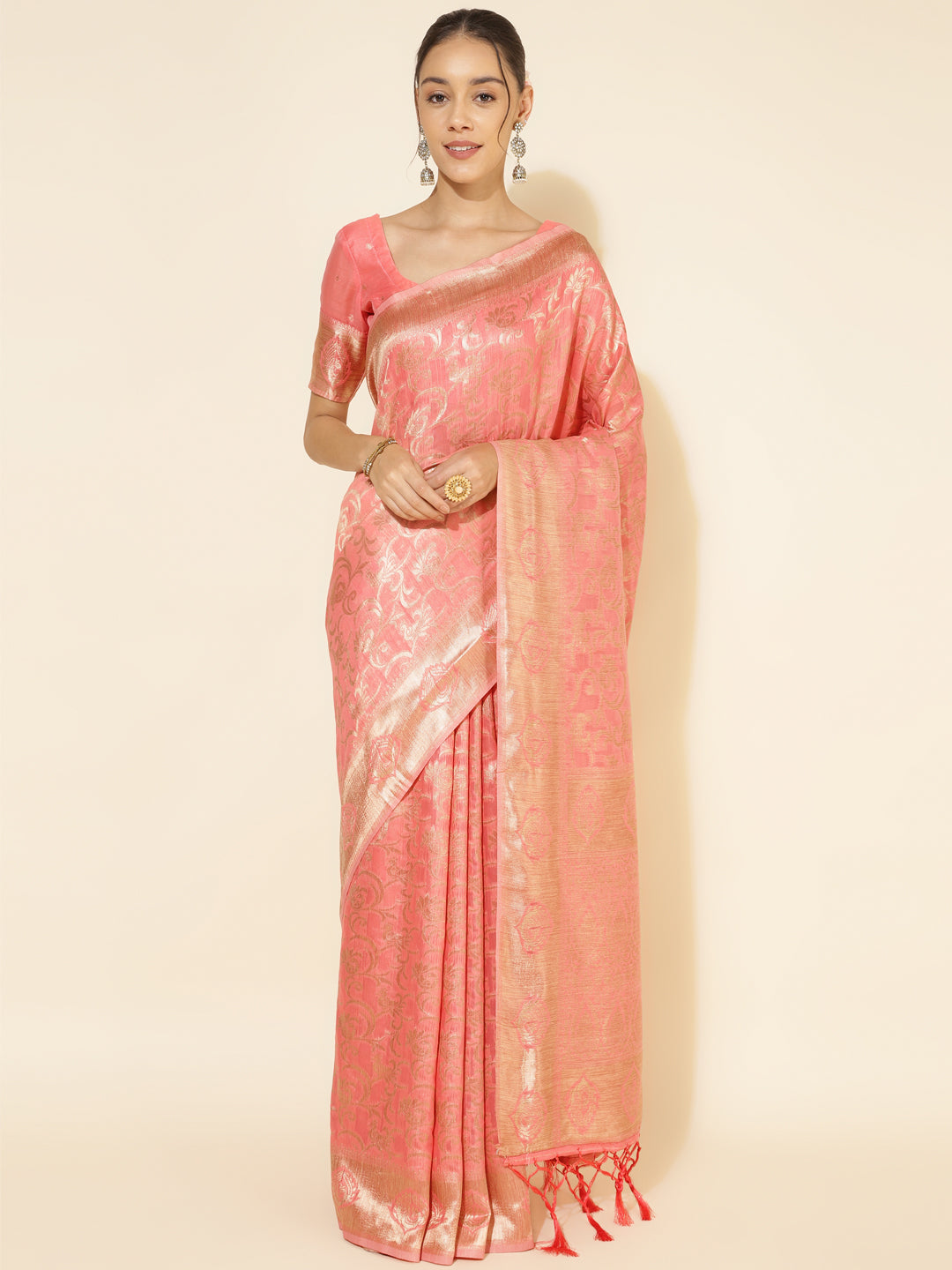 Janasya Peach Chanderi Silk Floral Woven Design Saree