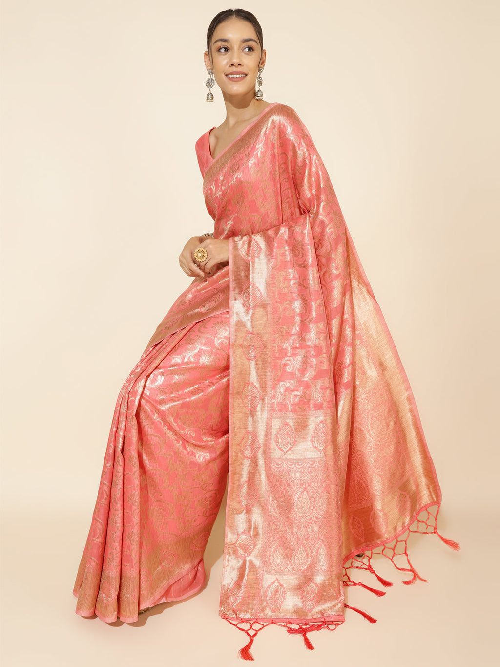 Janasya Peach Chanderi Silk Floral Woven Design Saree