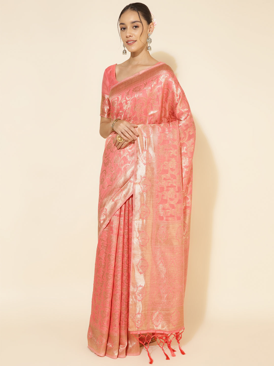 Janasya Peach Chanderi Silk Floral Woven Design Saree
