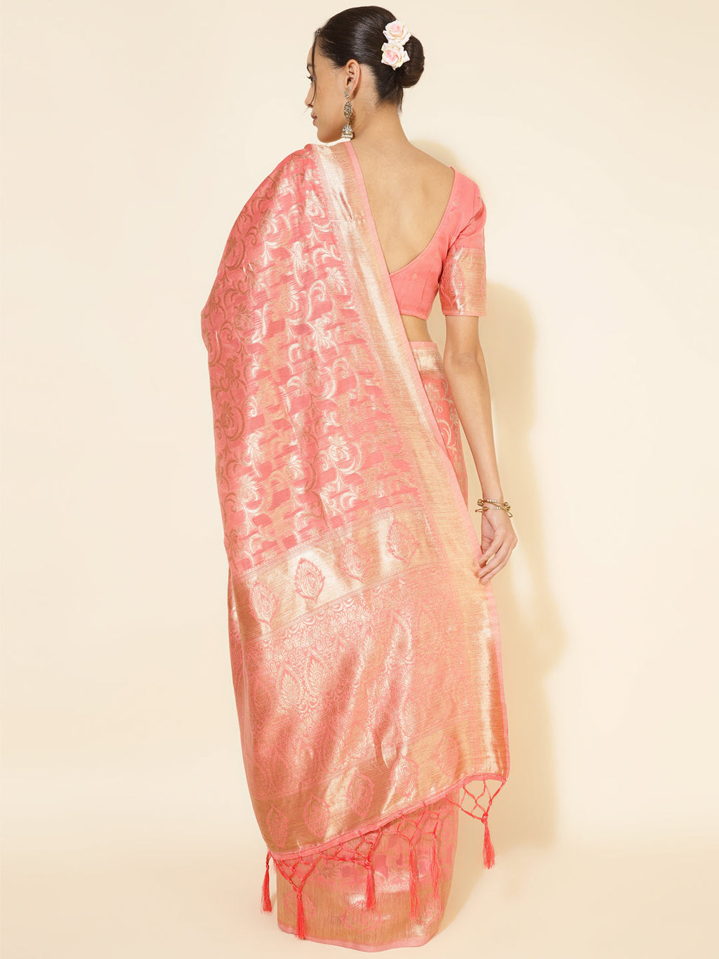 Janasya Peach Chanderi Silk Floral Woven Design Saree