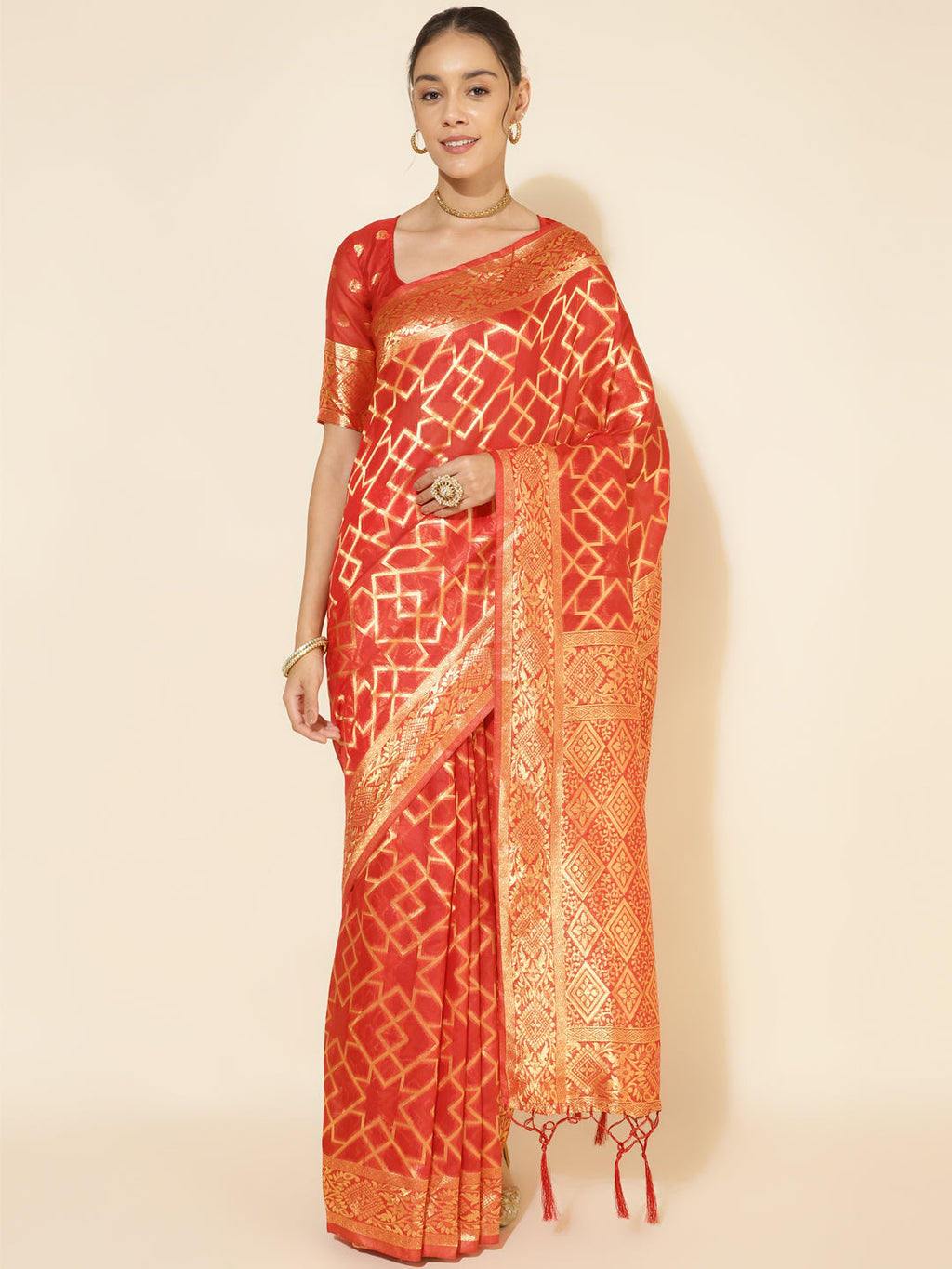 Janasya Red Chanderi Silk Woven Geometric Chanderi Silk Saree - Distacart