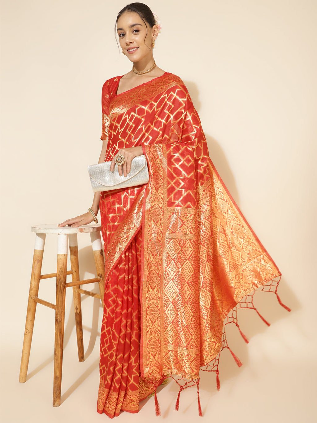 Janasya Red Chanderi Silk Woven Geometric Chanderi Silk Saree - Distacart