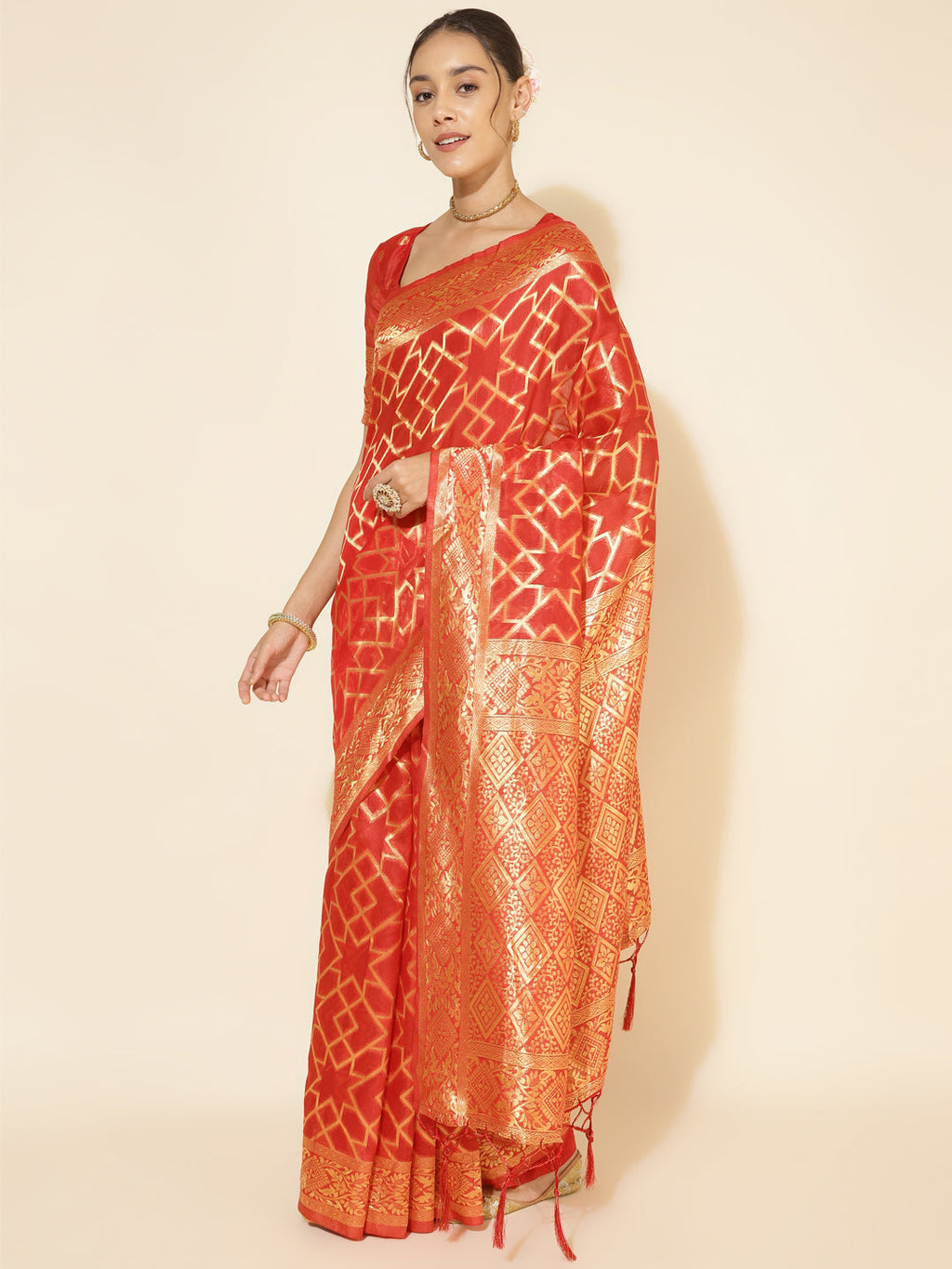 Janasya Red Chanderi Silk Woven Geometric Chanderi Silk Saree - Distacart