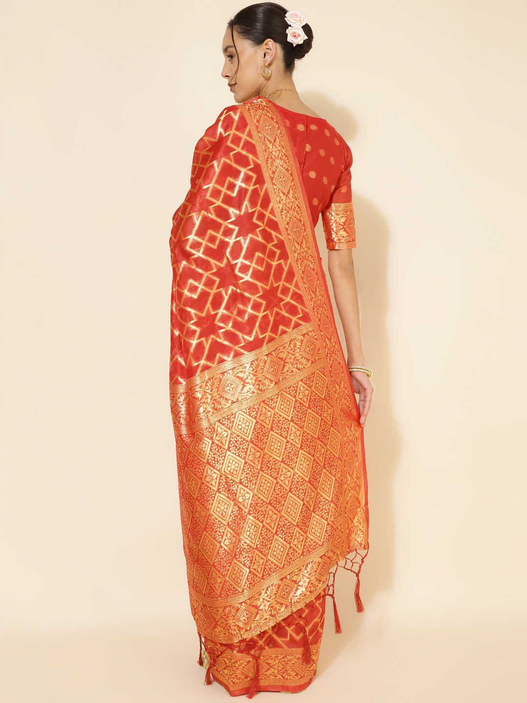 Janasya Red Chanderi Silk Woven Geometric Chanderi Silk Saree - Distacart