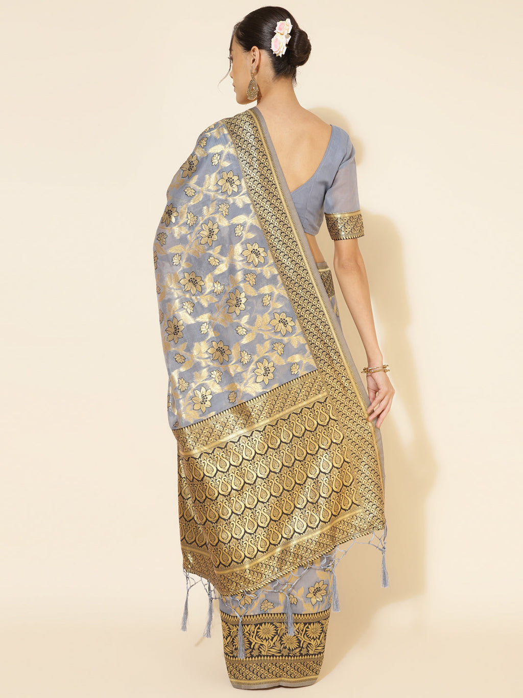 Janasya Grey Chanderi Silk Floral Woven Design Saree - Distacart