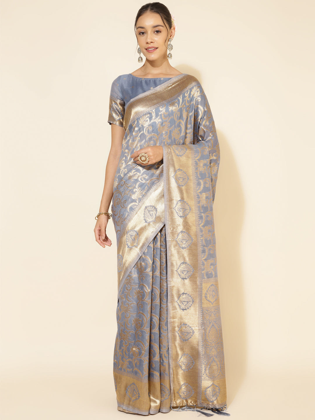 Janasya Grey Chanderi Silk Woven Ethnic Motifs Chanderi Silk Saree - Distacart