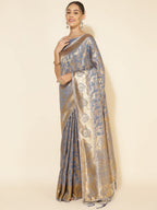 Janasya Grey Chanderi Silk Woven Ethnic Motifs Chanderi Silk Saree - Distacart