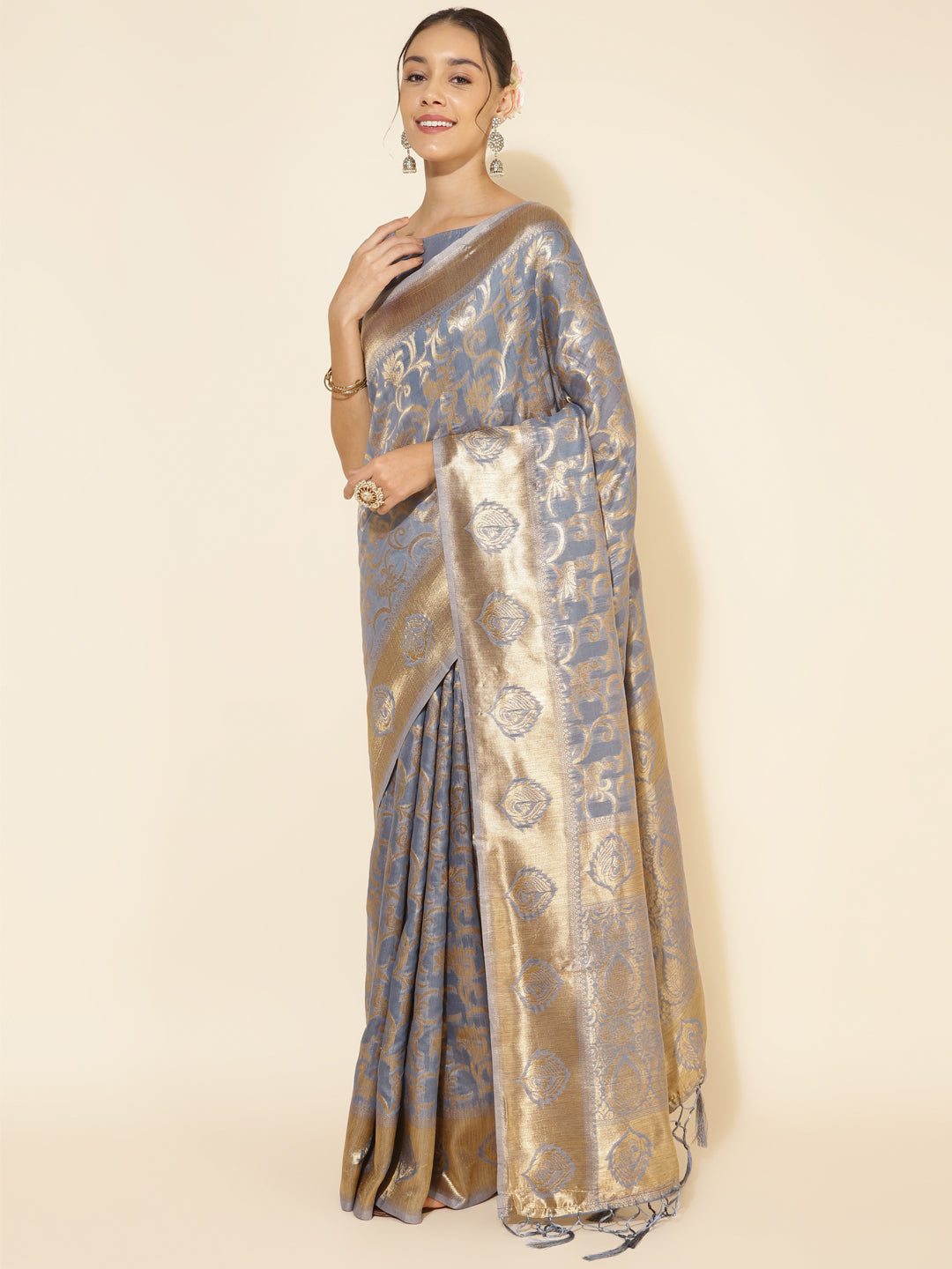 Janasya Grey Chanderi Silk Woven Ethnic Motifs Chanderi Silk Saree - Distacart