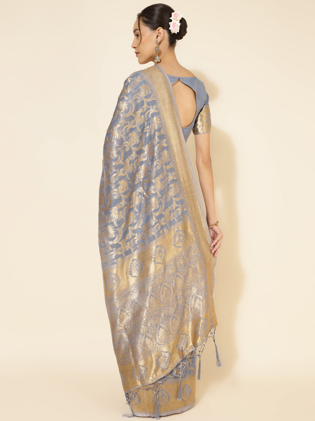 Janasya Grey Chanderi Silk Woven Ethnic Motifs Chanderi Silk Saree - Distacart