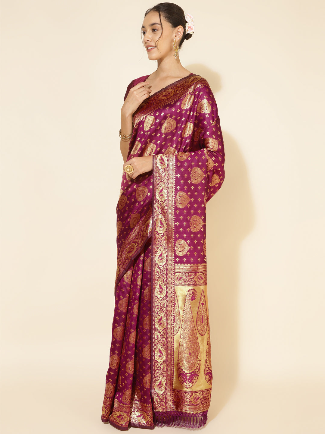 Janasya Wine Banarasi Silk Woven Ethnic Motifs Banarasi Silk Saree - Distacart