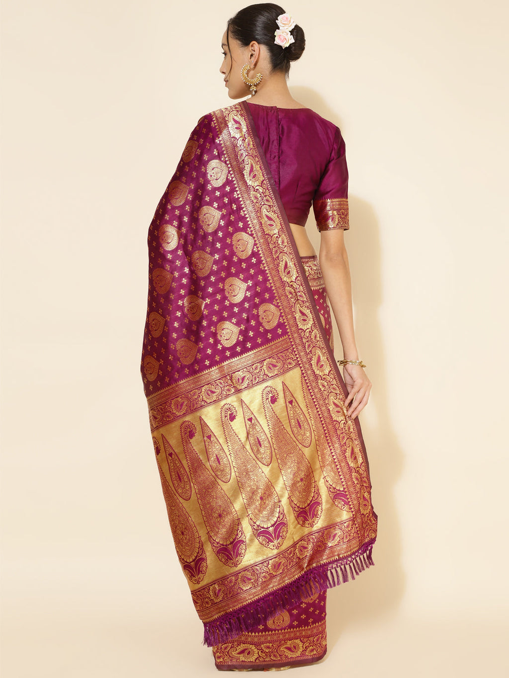 Janasya Wine Banarasi Silk Woven Ethnic Motifs Banarasi Silk Saree - Distacart