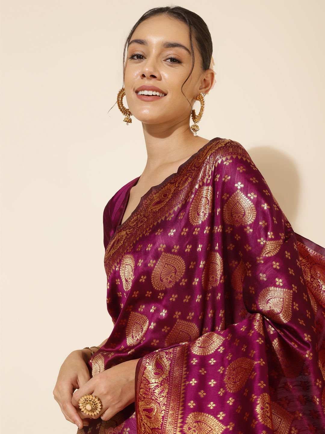 Janasya Wine Banarasi Silk Woven Ethnic Motifs Banarasi Silk Saree - Distacart