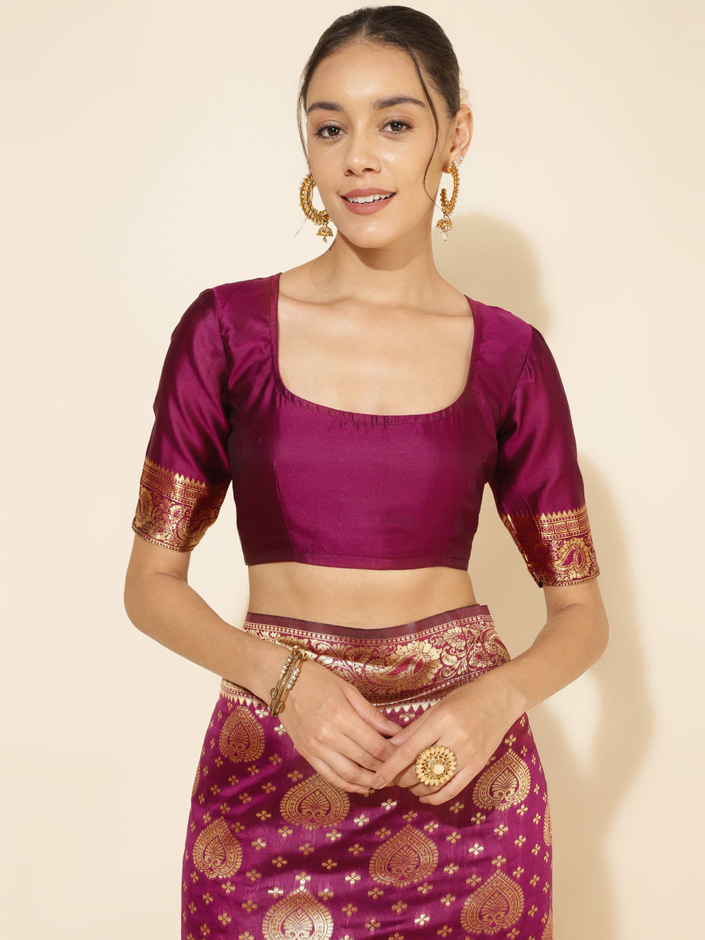 Janasya Wine Banarasi Silk Woven Ethnic Motifs Banarasi Silk Saree - Distacart