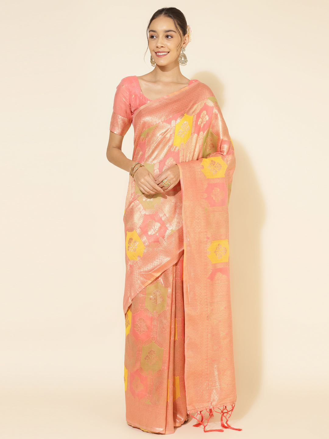 Janasya Peach Chanderi Silk Ethnic Motifs Woven Design Saree