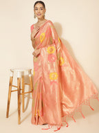 Janasya Peach Chanderi Silk Ethnic Motifs Woven Design Saree