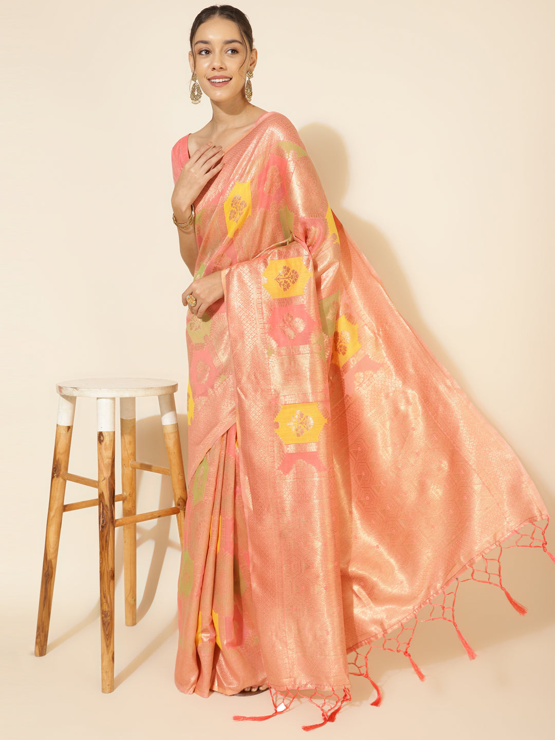 Janasya Peach Chanderi Silk Ethnic Motifs Woven Design Saree