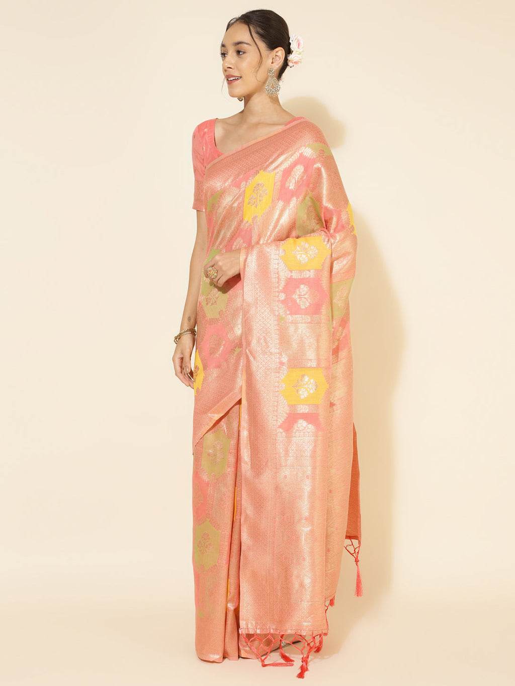 Janasya Peach Chanderi Silk Ethnic Motifs Woven Design Saree
