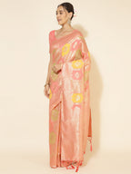 Janasya Peach Chanderi Silk Ethnic Motifs Woven Design Saree