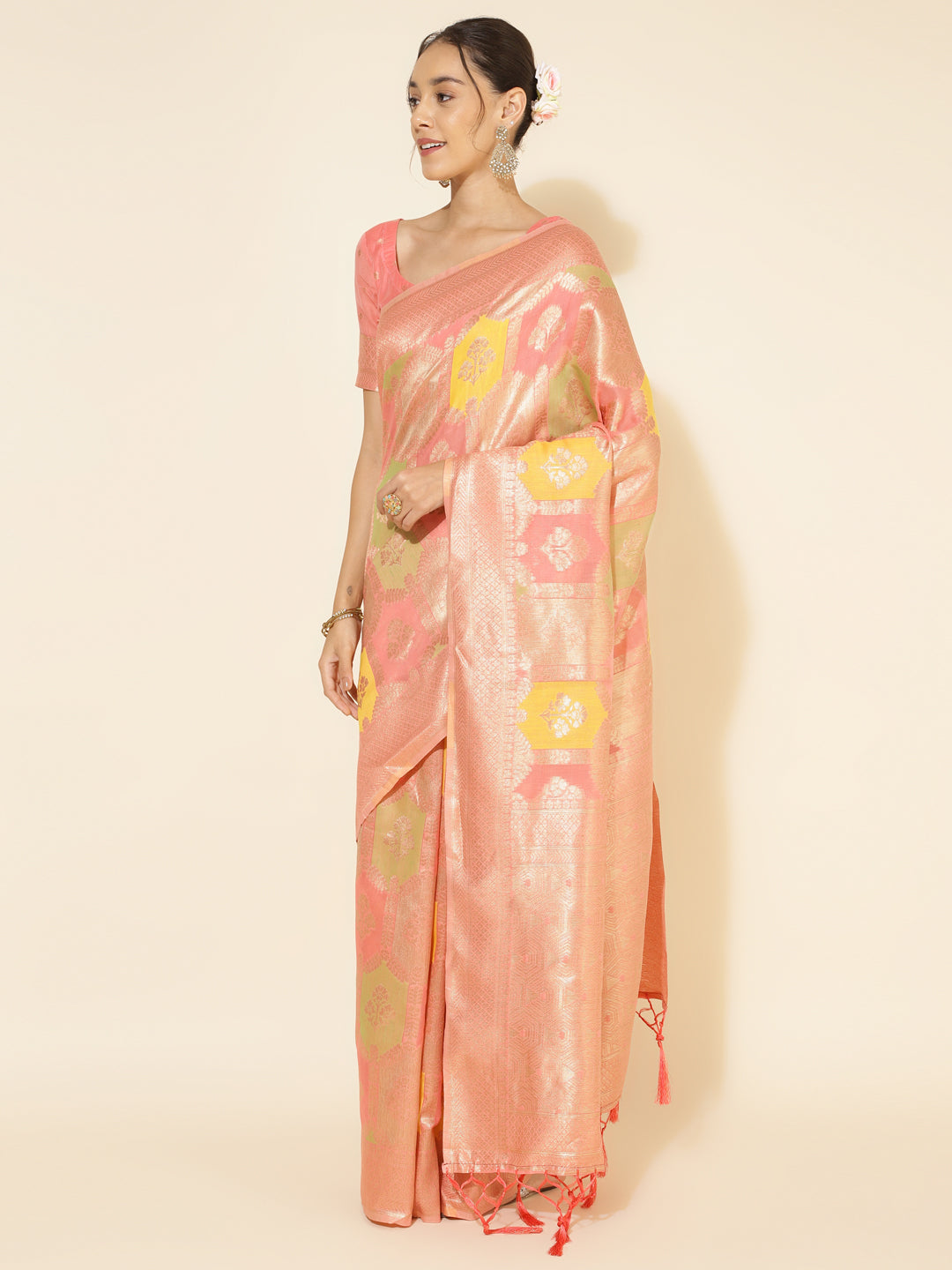 Janasya Peach Chanderi Silk Ethnic Motifs Woven Design Saree