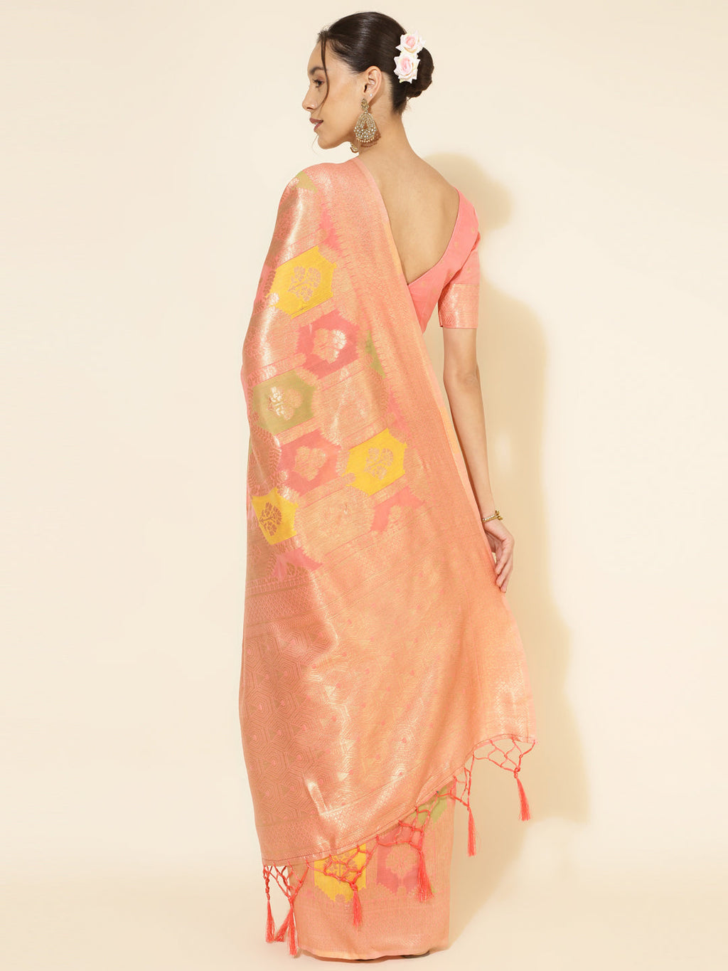 Janasya Peach Chanderi Silk Ethnic Motifs Woven Design Saree