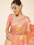 Janasya Peach Chanderi Silk Ethnic Motifs Woven Design Saree