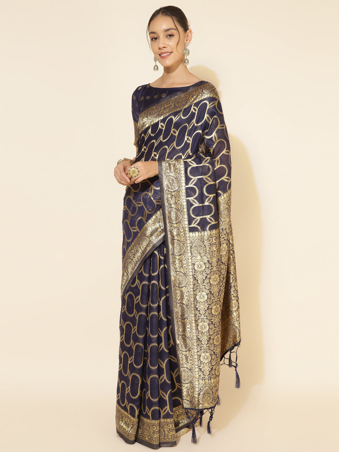 Janasya Navy Blue Chanderi Silk Woven Geometric Chanderi Silk Saree - Distacart
