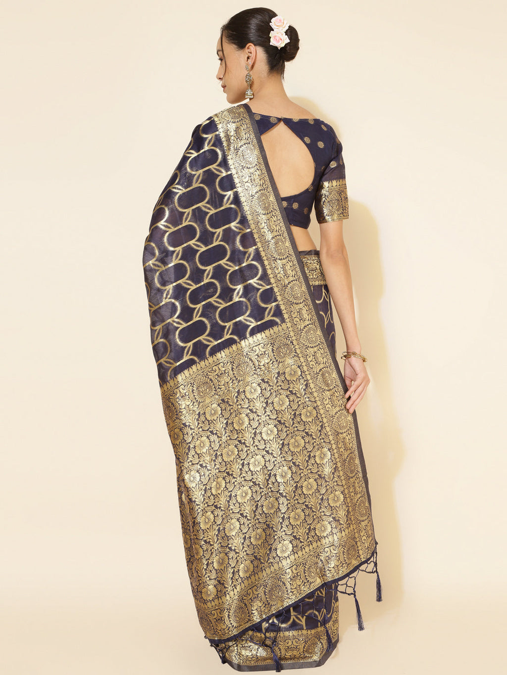 Janasya Navy Blue Chanderi Silk Woven Geometric Chanderi Silk Saree - Distacart