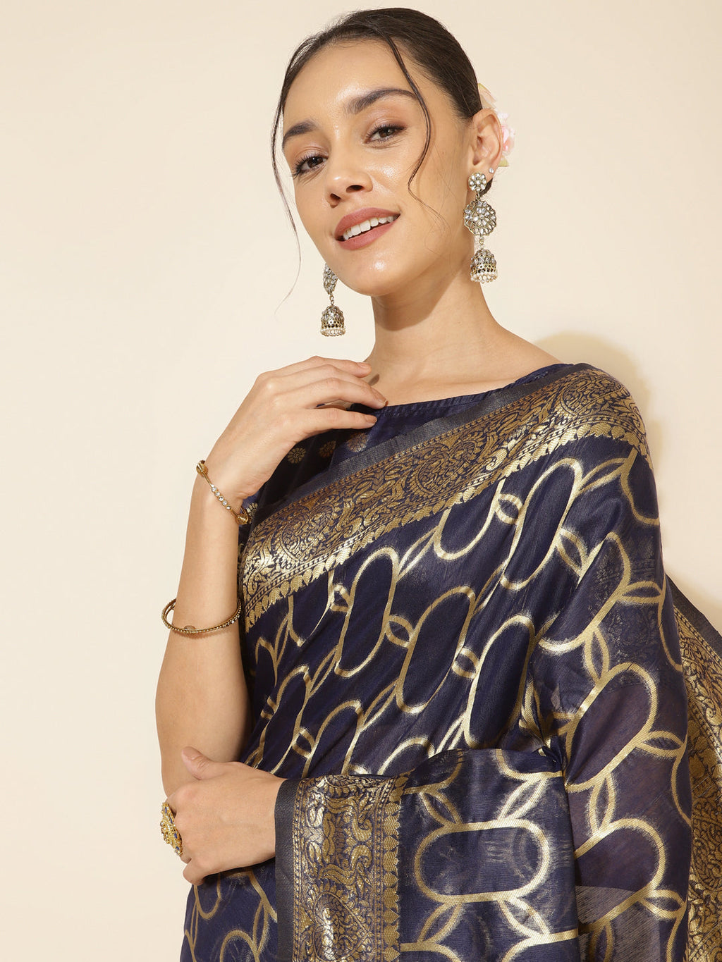 Janasya Navy Blue Chanderi Silk Woven Geometric Chanderi Silk Saree - Distacart