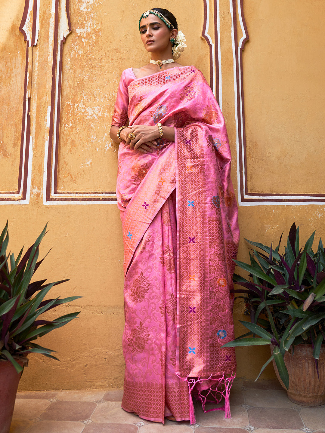 Janasya Light Pink Chanderi Silk Woven Jaal Motif Woven Design Saree