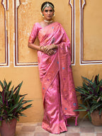 Janasya Light Pink Chanderi Silk Woven Jaal Motif Woven Design Saree