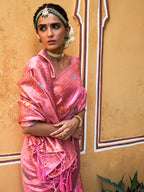 Janasya Light Pink Chanderi Silk Woven Jaal Motif Woven Design Saree