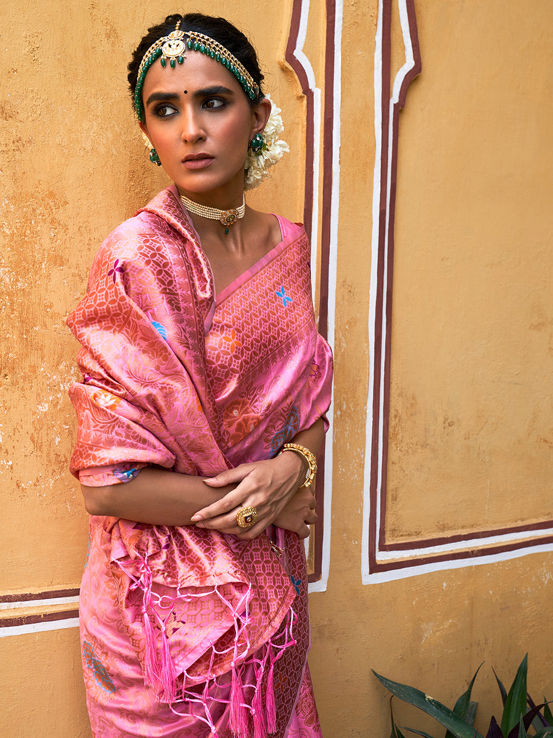 Janasya Light Pink Chanderi Silk Woven Jaal Motif Woven Design Saree
