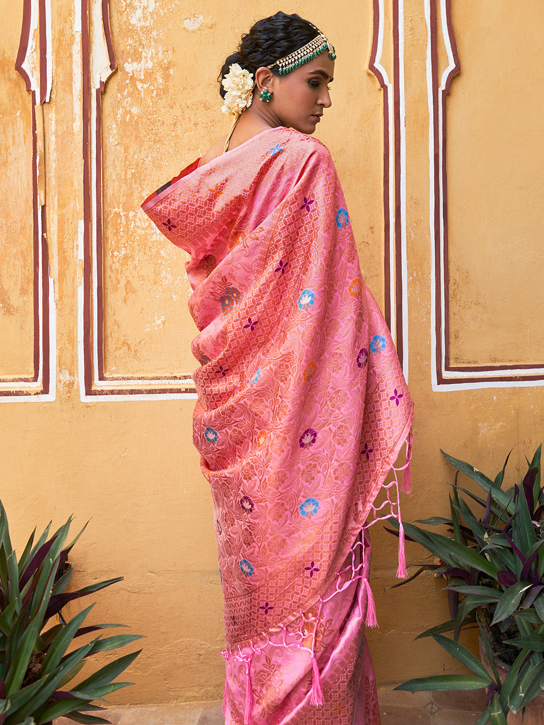 Janasya Light Pink Chanderi Silk Woven Jaal Motif Woven Design Saree