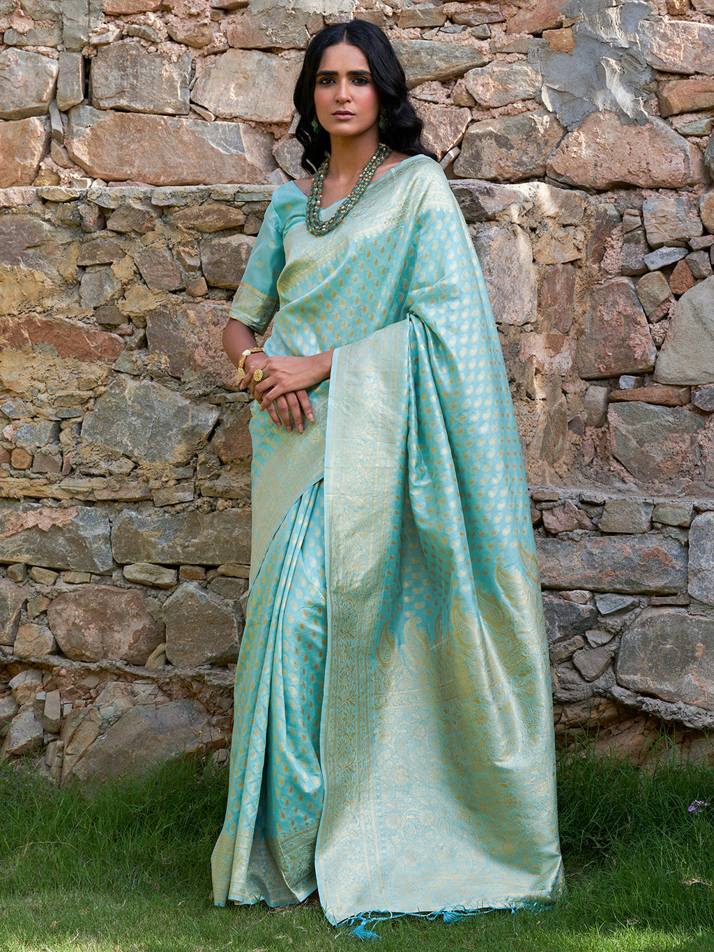 Janasya Sea Green Chanderi Silk Paisley Woven Design Saree
