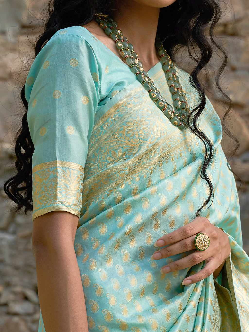 Janasya Sea Green Chanderi Silk Paisley Woven Design Saree