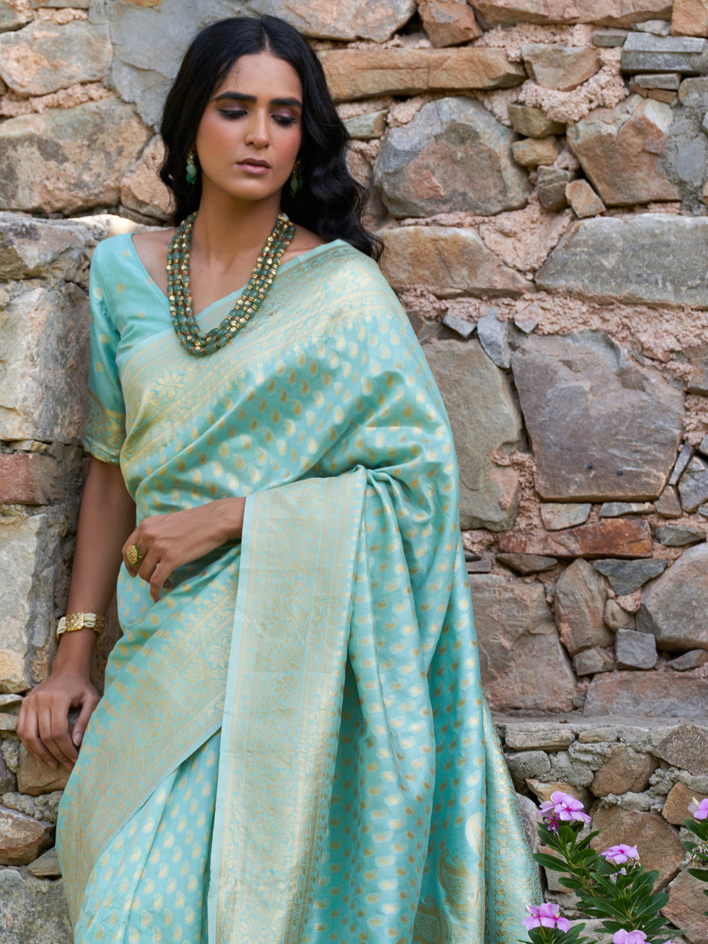 Janasya Sea Green Chanderi Silk Paisley Woven Design Saree