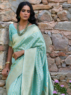 Janasya Sea Green Chanderi Silk Paisley Woven Design Saree