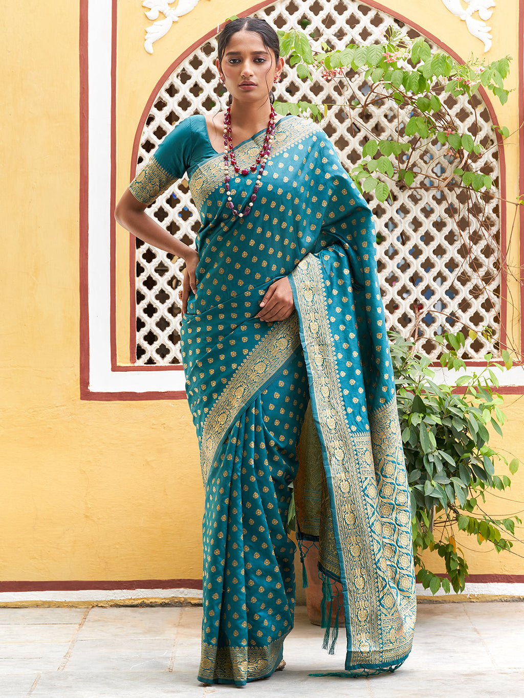 Janasya Teal Green Banarasi Silk Woven Ethnic Motifs Woven Design Saree