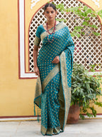 Janasya Teal Green Banarasi Silk Woven Ethnic Motifs Woven Design Saree