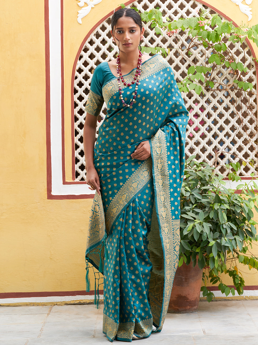 Janasya Teal Green Banarasi Silk Woven Ethnic Motifs Woven Design Saree