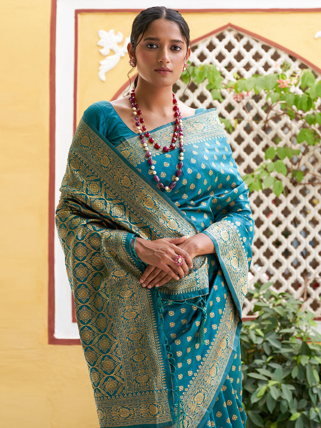 Janasya Teal Green Banarasi Silk Woven Ethnic Motifs Woven Design Saree