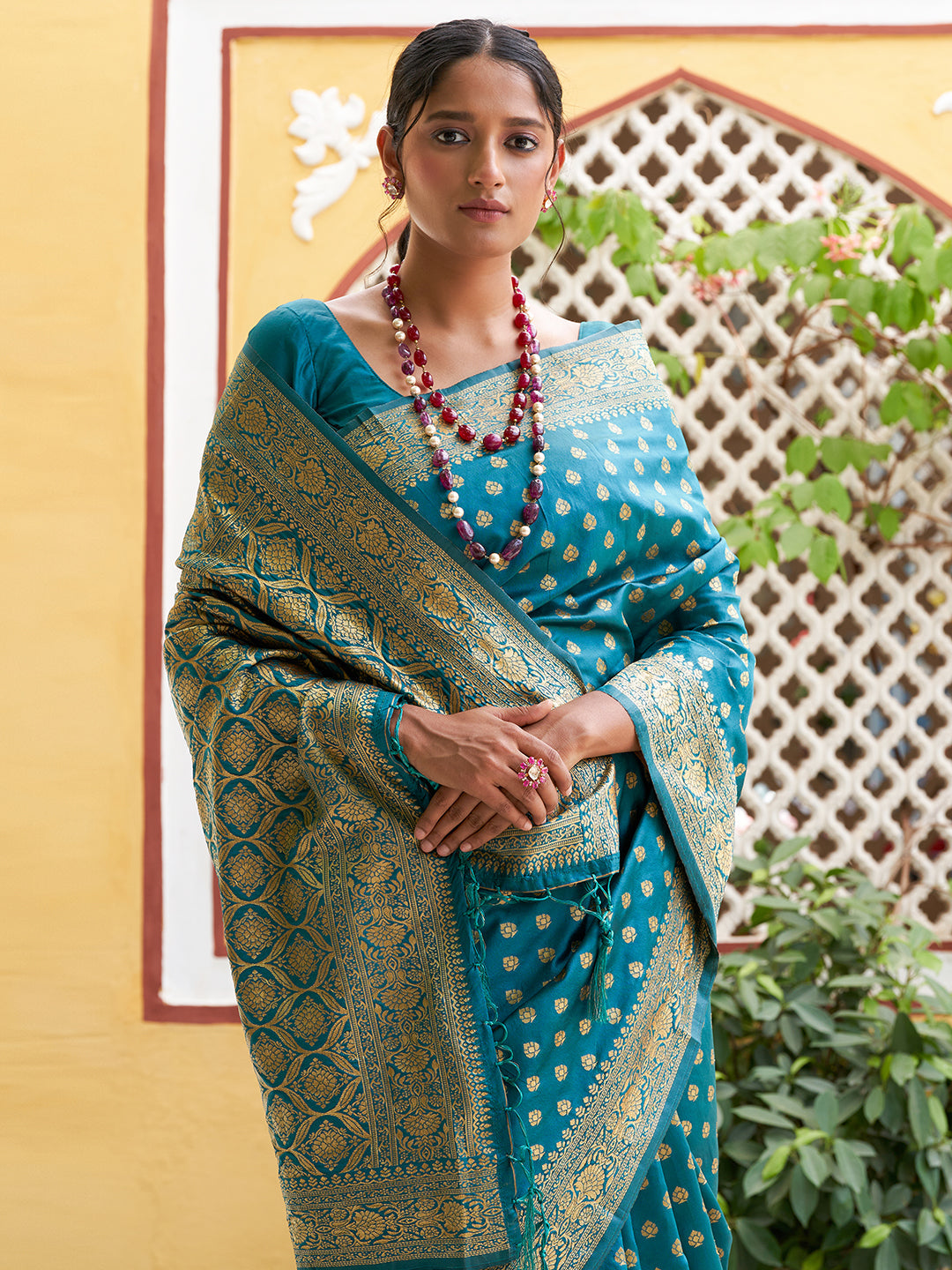 Janasya Teal Green Banarasi Silk Woven Ethnic Motifs Woven Design Saree