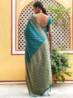 Janasya Teal Green Banarasi Silk Woven Ethnic Motifs Woven Design Saree