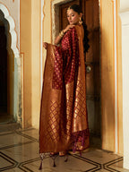 Janasya Maroon Banarasi Silk Woven Ethnic Motifs Woven Design Saree - Distacart