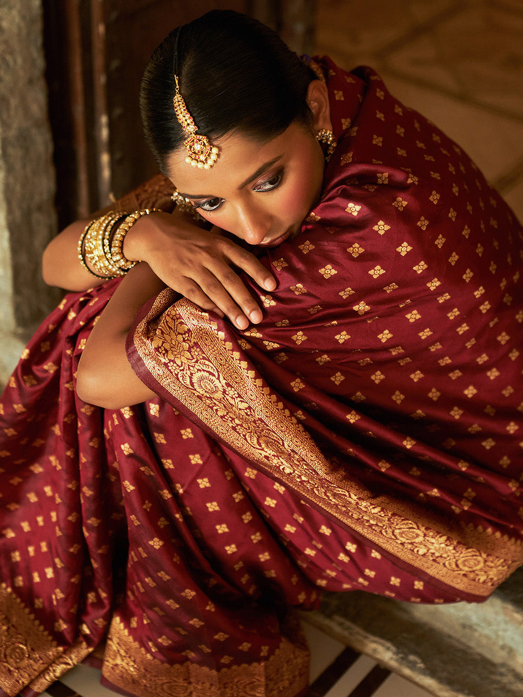 Janasya Maroon Banarasi Silk Woven Ethnic Motifs Woven Design Saree - Distacart