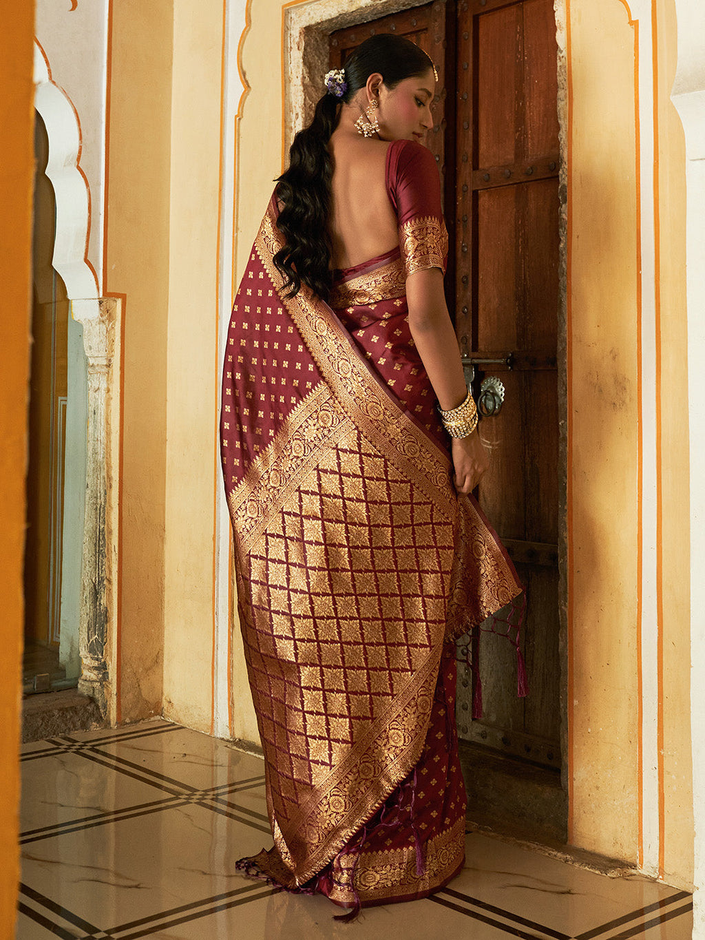 Janasya Maroon Banarasi Silk Woven Ethnic Motifs Woven Design Saree - Distacart