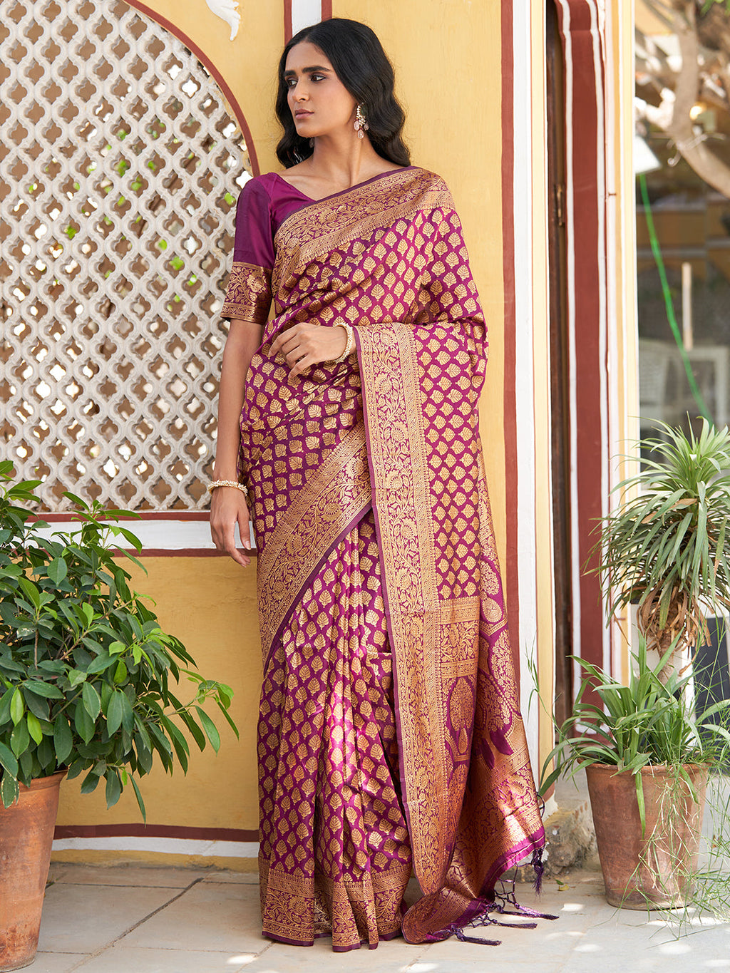 Janasya Wine Banarasi Silk Woven Ethnic Motifs Woven Design Saree - Distacart