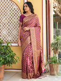 Janasya Wine Banarasi Silk Woven Ethnic Motifs Woven Design Saree - Distacart