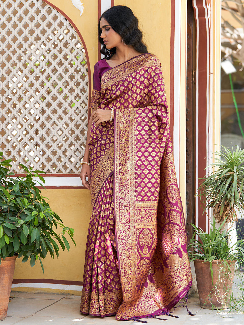 Janasya Wine Banarasi Silk Woven Ethnic Motifs Woven Design Saree - Distacart