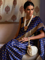 Janasya Navy Blue Banarasi Silk Ethnic Motifs Woven Design Saree